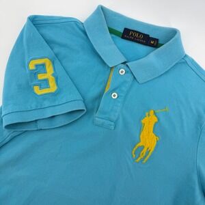 Ralph Lauren Polo Shirt Mens Medium Blue Yellow Pony Logo Number 3 Short Sleeve